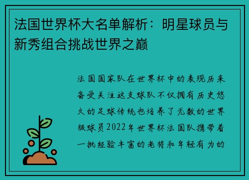 法国世界杯大名单解析：明星球员与新秀组合挑战世界之巅
